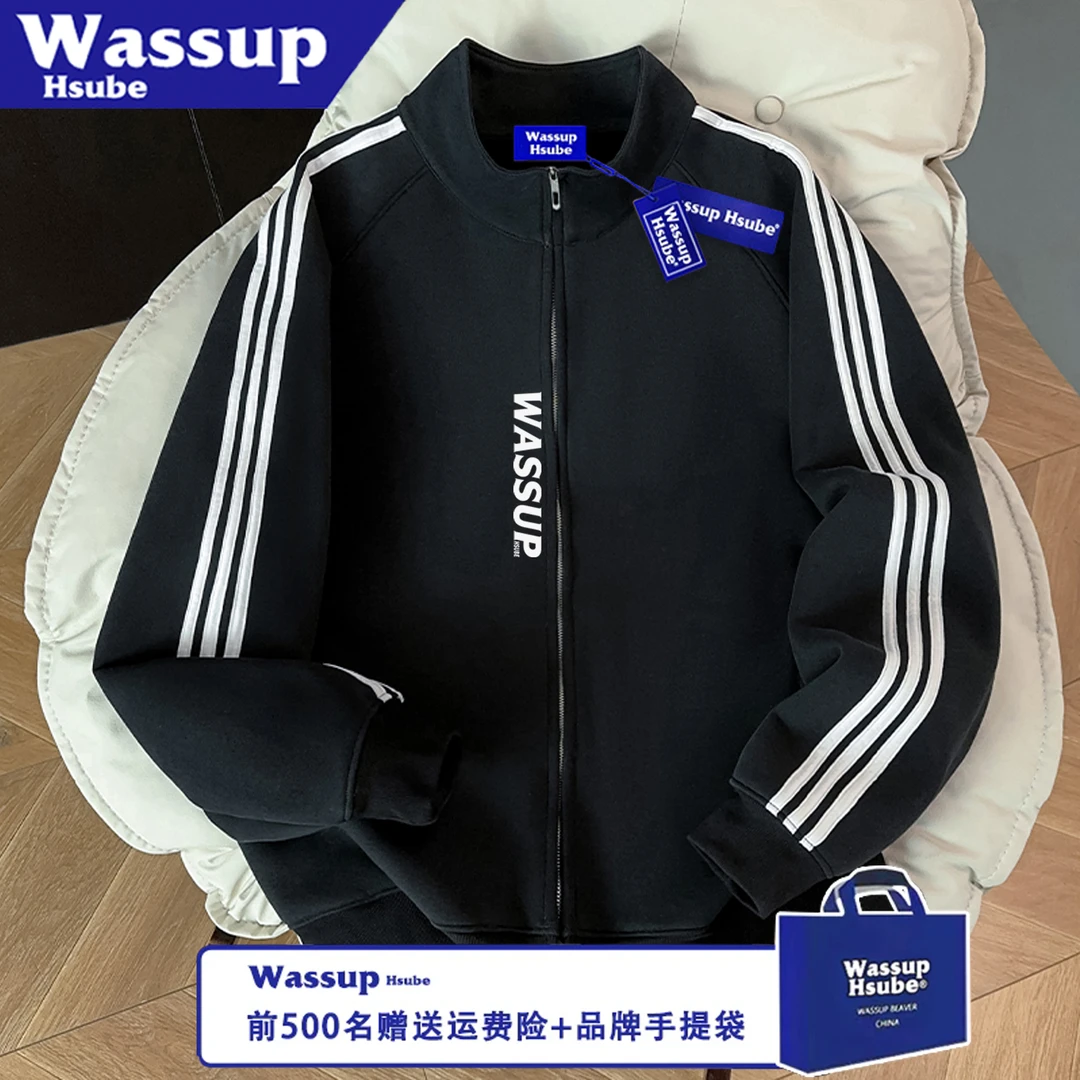 WASSUP HSUBE美式秋冬三条杠情侣极简风字母长袖印花宽松拉链上衣