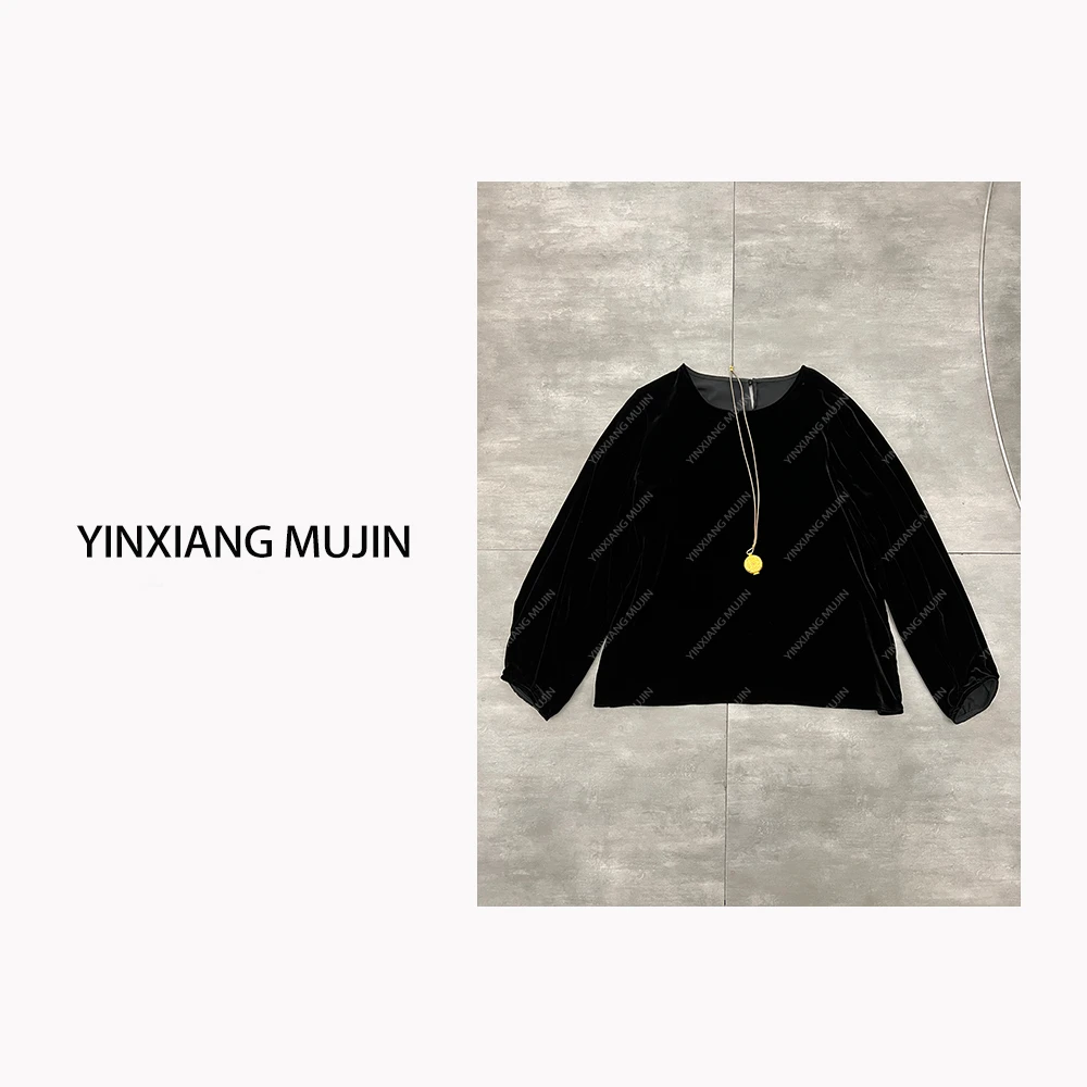 【YINXIANGMUJIN】早春丝绒上衣  廓形简约百搭高级感T女圆领绒衫
