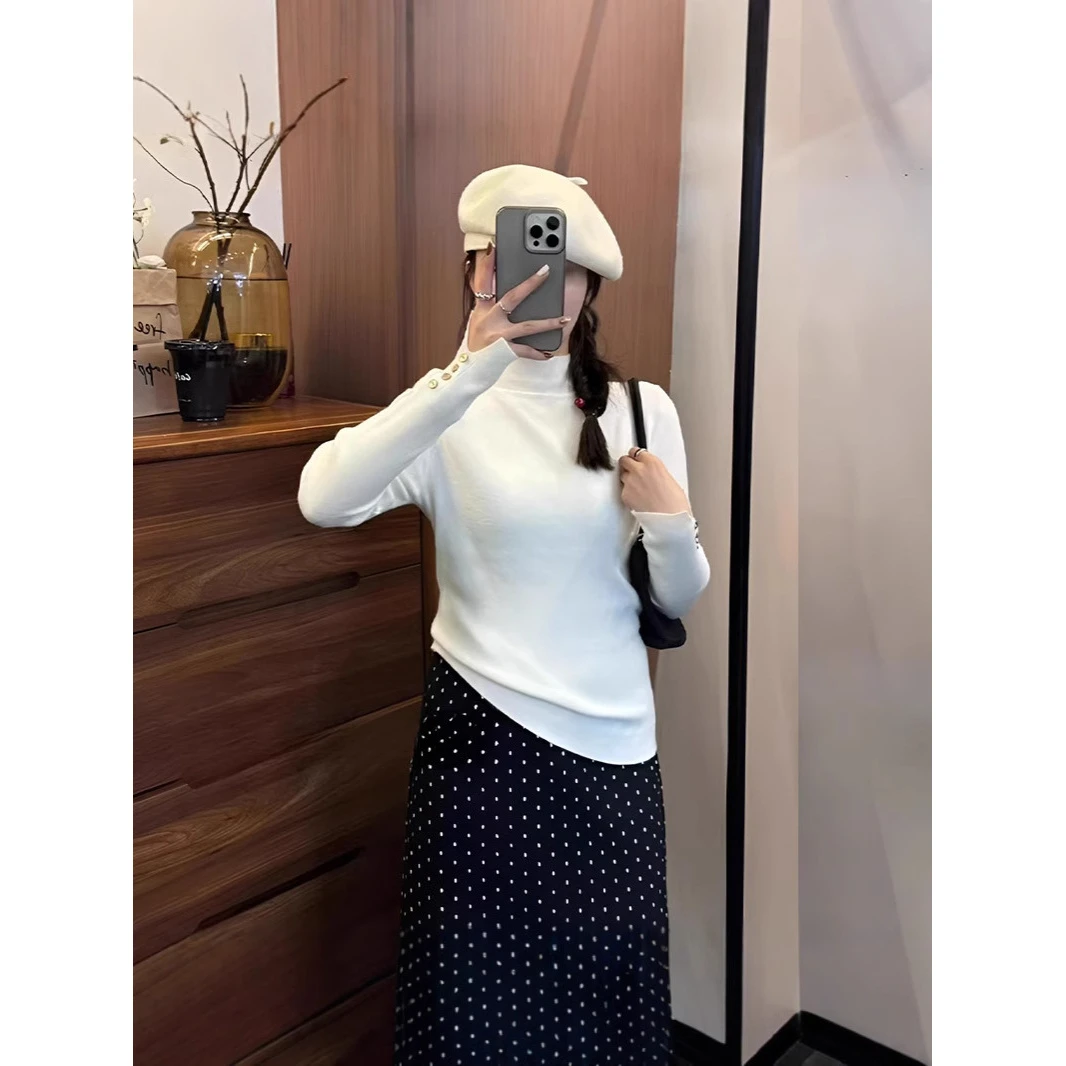 2025春秋季新款韩版简约纽扣半高领针织衫毛衣女打底衫上衣