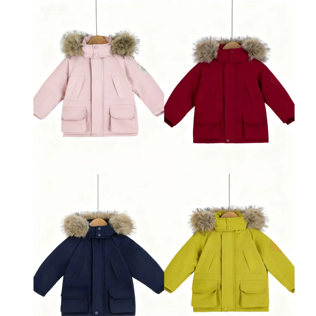 男女童时尚大毛领加棉加绒中长款棉衣男女童宝宝派克服