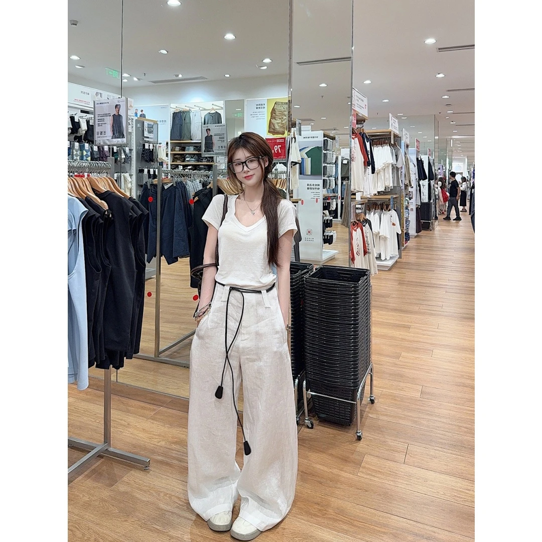 松弛舒适宽耳仔弯刀阔腿裤长裤配腰带+舒适透气简约短袖T恤21296