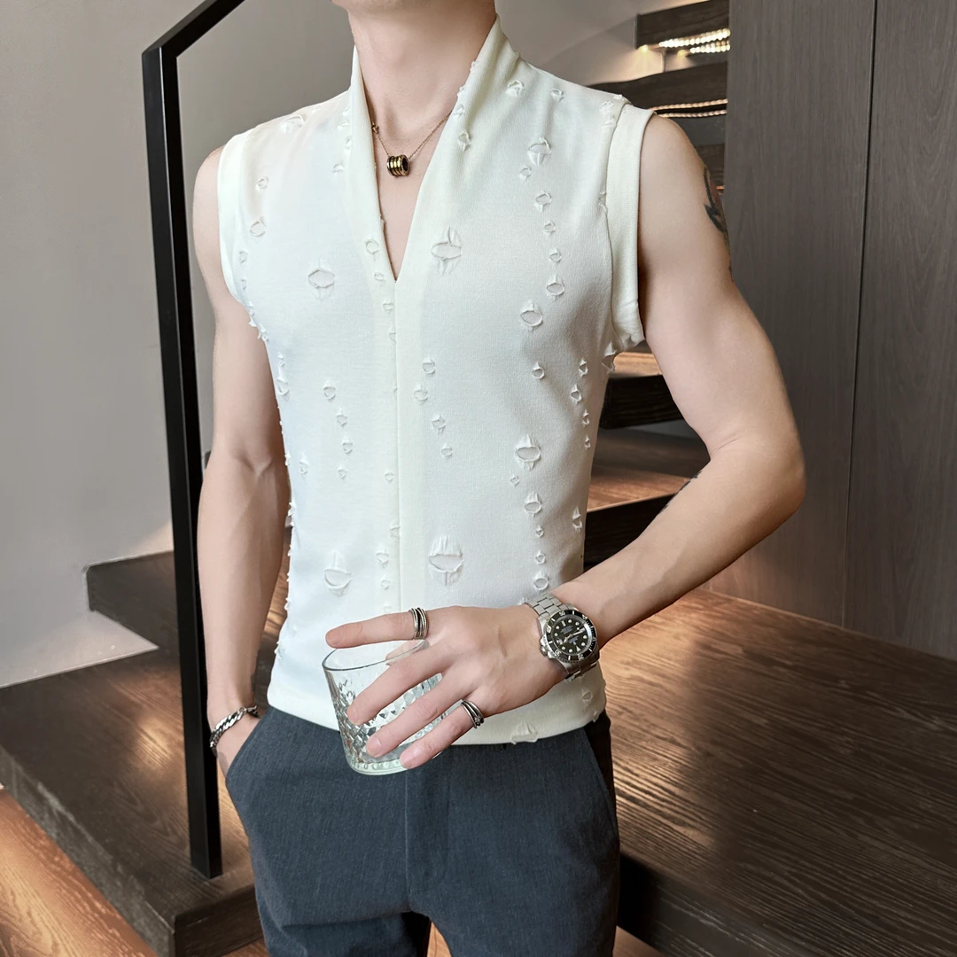 设计破洞坎肩V领背心男装夏季新款潮流痞帅薄款个性休闲无袖T恤