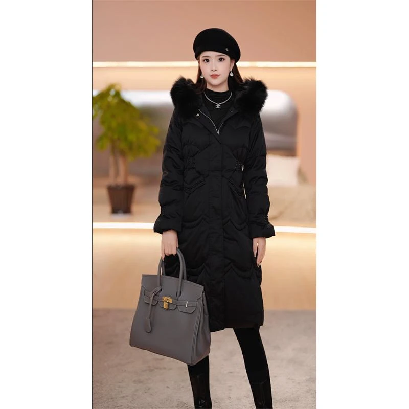 长款女装中长款连帽保暖鸭绒服秋冬贴布绣舒适