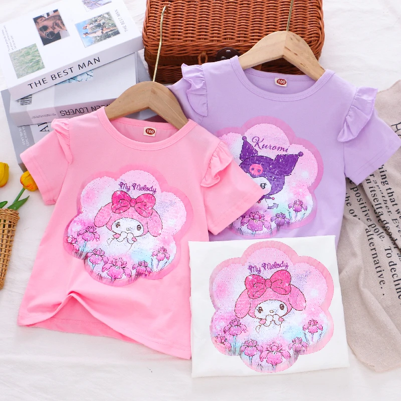 女童夏季新款变色亮片短袖儿童飞袖纯棉薄款半袖T恤