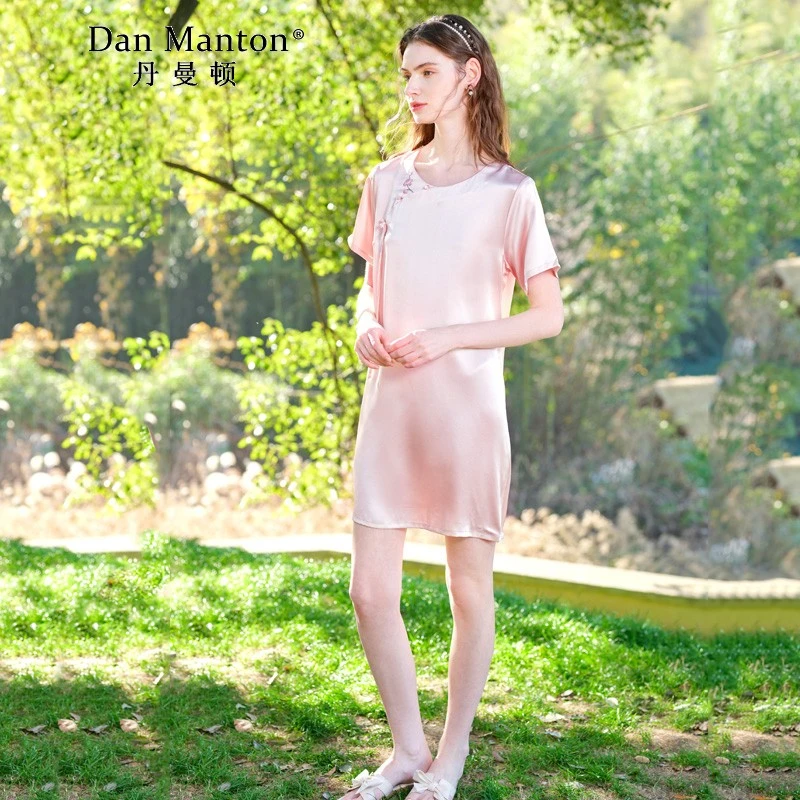 丹曼顿短袖复古风睡裙女夏季6A级桑蚕丝家居服新中式国风刺绣睡衣