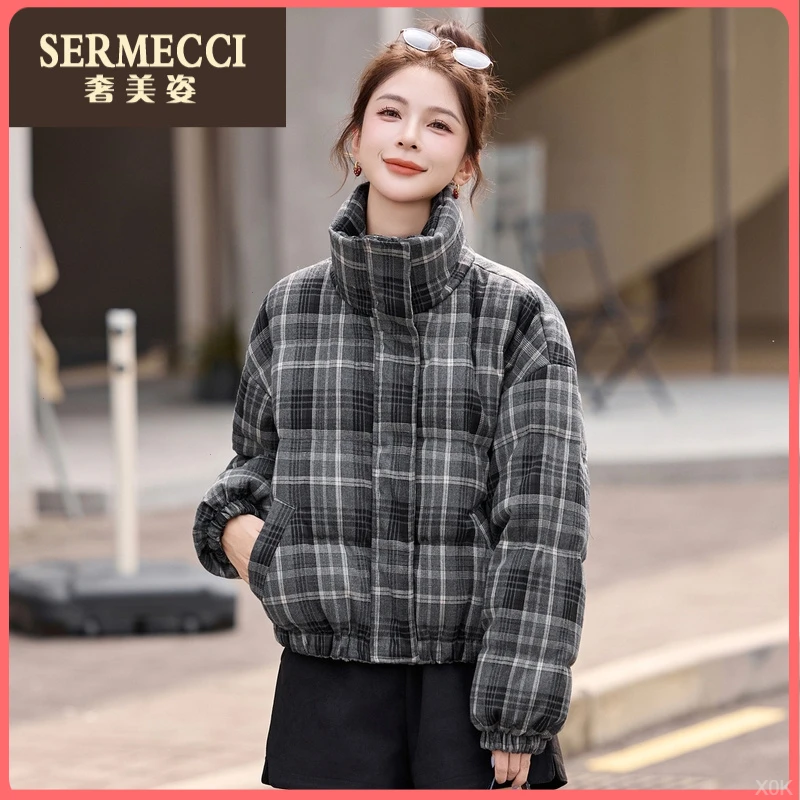 加厚保暖小个子奢美姿格纹立领短款羽绒服女2025新款外套