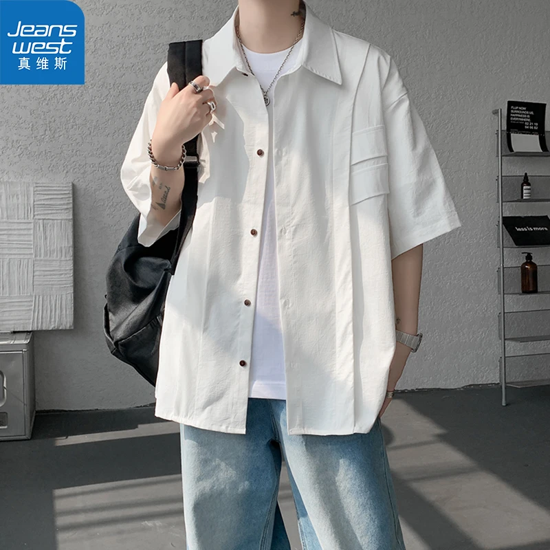 【真维斯】日系工装短袖衬衫男夏季薄款情侣设计感休闲衬衣外套潮