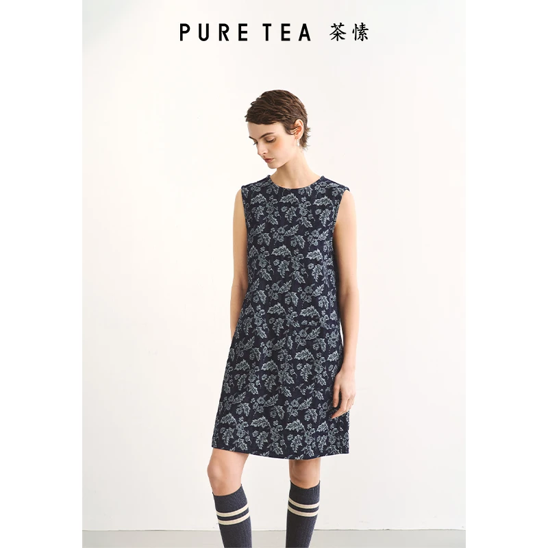 【富贵牡丹】puretea茶愫提花牛仔裙女圆领无袖连衣裙KN0206D21