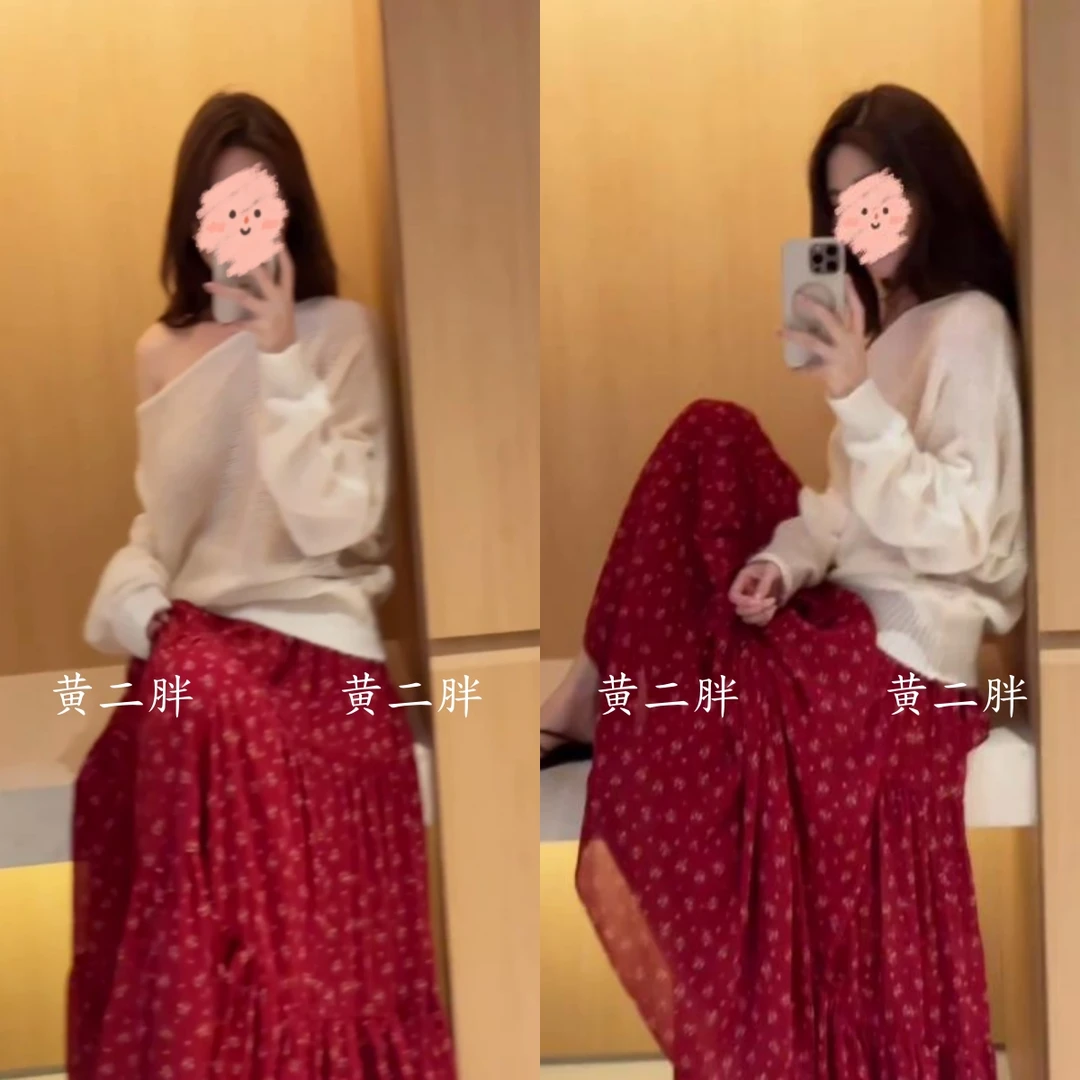 韩系斜领露肩长袖针织衫女纯欲风慵懒显瘦薄款毛衣+红色碎花长裙