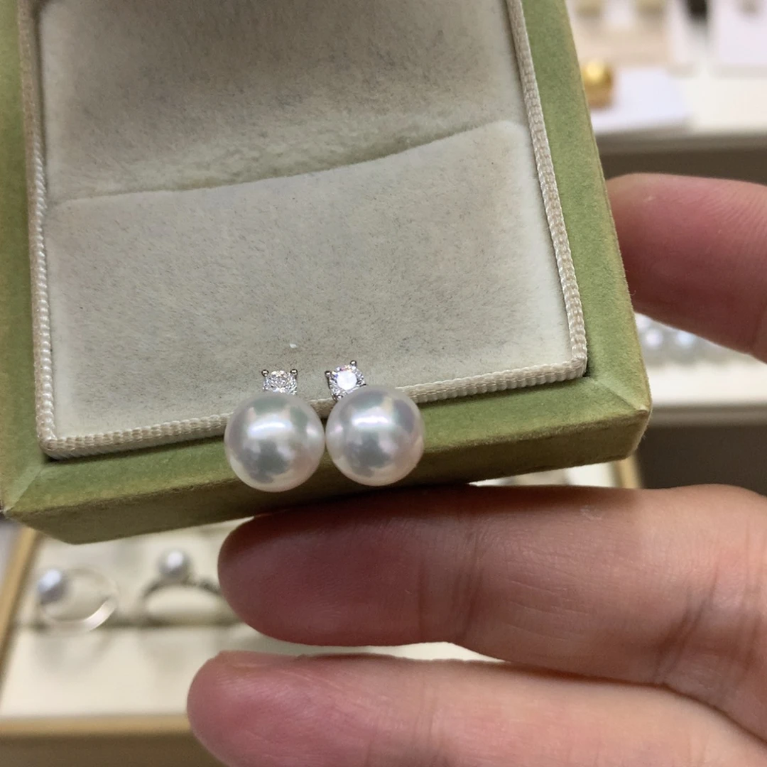海水珍珠耳饰银S925镶嵌8-8.5akoya戴妃耳钉