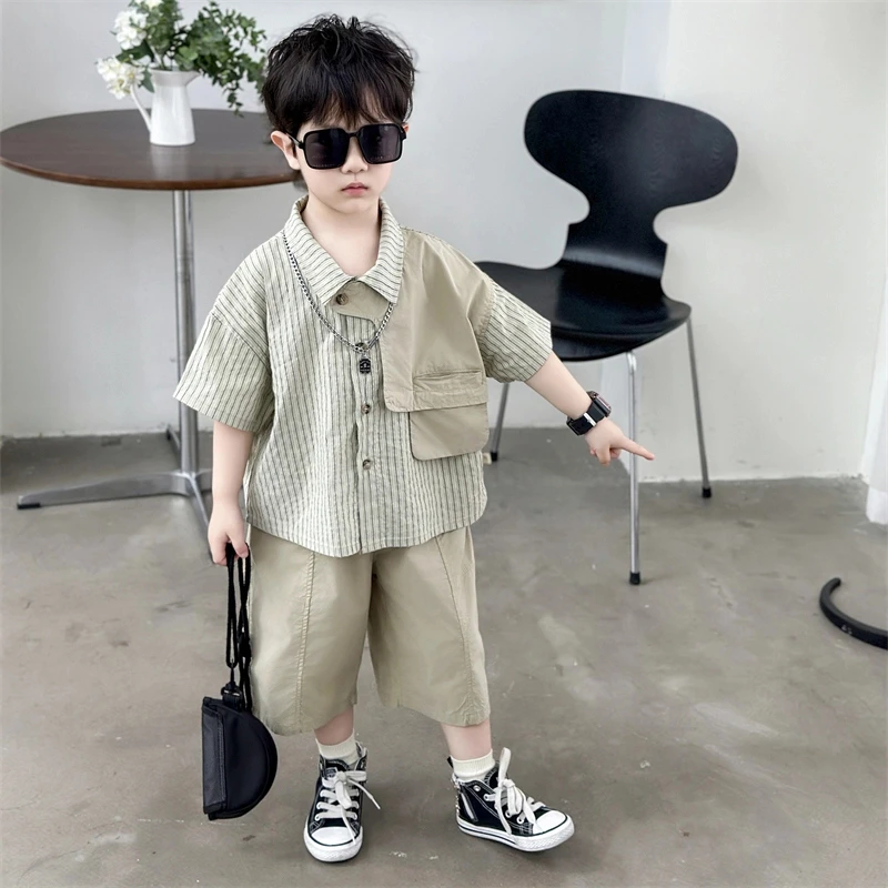男童夏季衬衫套装2025新款时髦宝宝薄款短袖炸街衣服痞帅儿童夏装