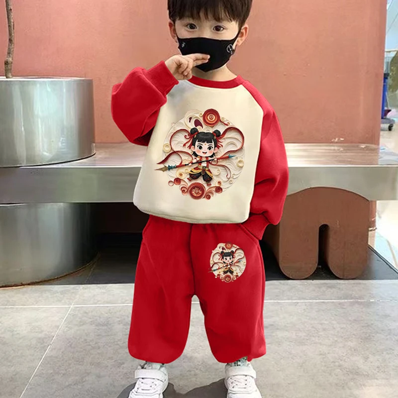 哪吒魔童闹海儿童动漫衣服春秋季男童长袖卫衣两件套女童国潮套装