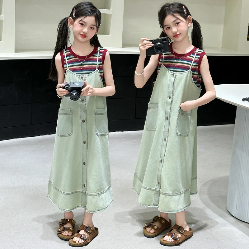 女童牛仔背带裙套装2025新款儿童韩版条纹夏装洋气连衣裙两件套潮