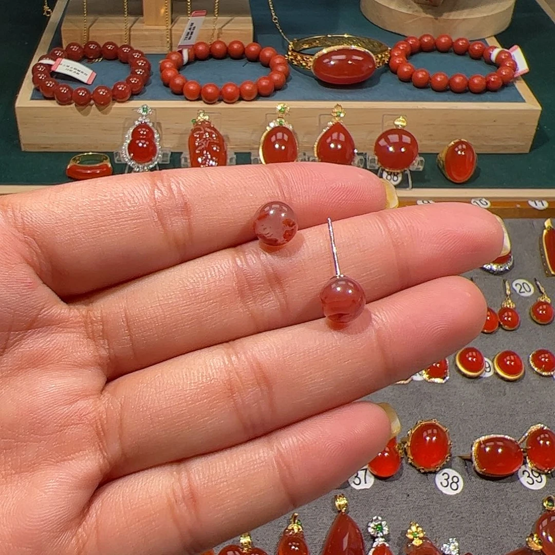 南红玛瑙银S925镀金镶嵌耳饰