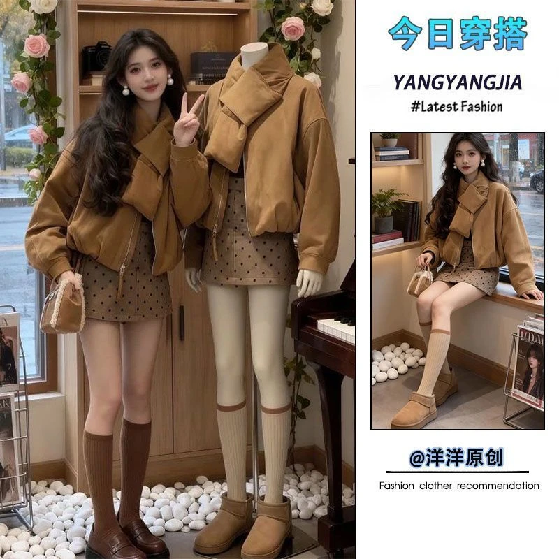 时尚套装女2025秋季新款韩系复古保暖棉衣棉服外套半温柔韩系套装