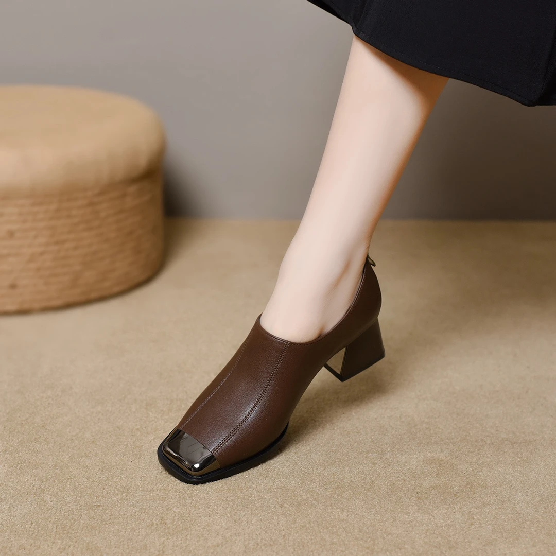 真皮女鞋百搭女款牛皮单鞋春秋粗跟中跟方头时尚皮鞋女士宴会鞋子