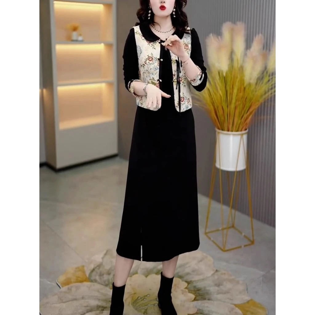 春秋新款高端中式国风复古提花马甲外套+连衣裙两件套女气质套装