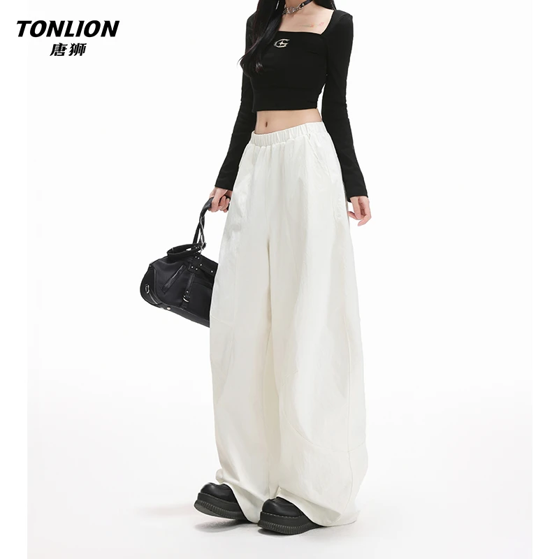 唐狮美式白色高腰阔腿休闲裤女秋复古简约百搭垂感宽松弯刀裤子