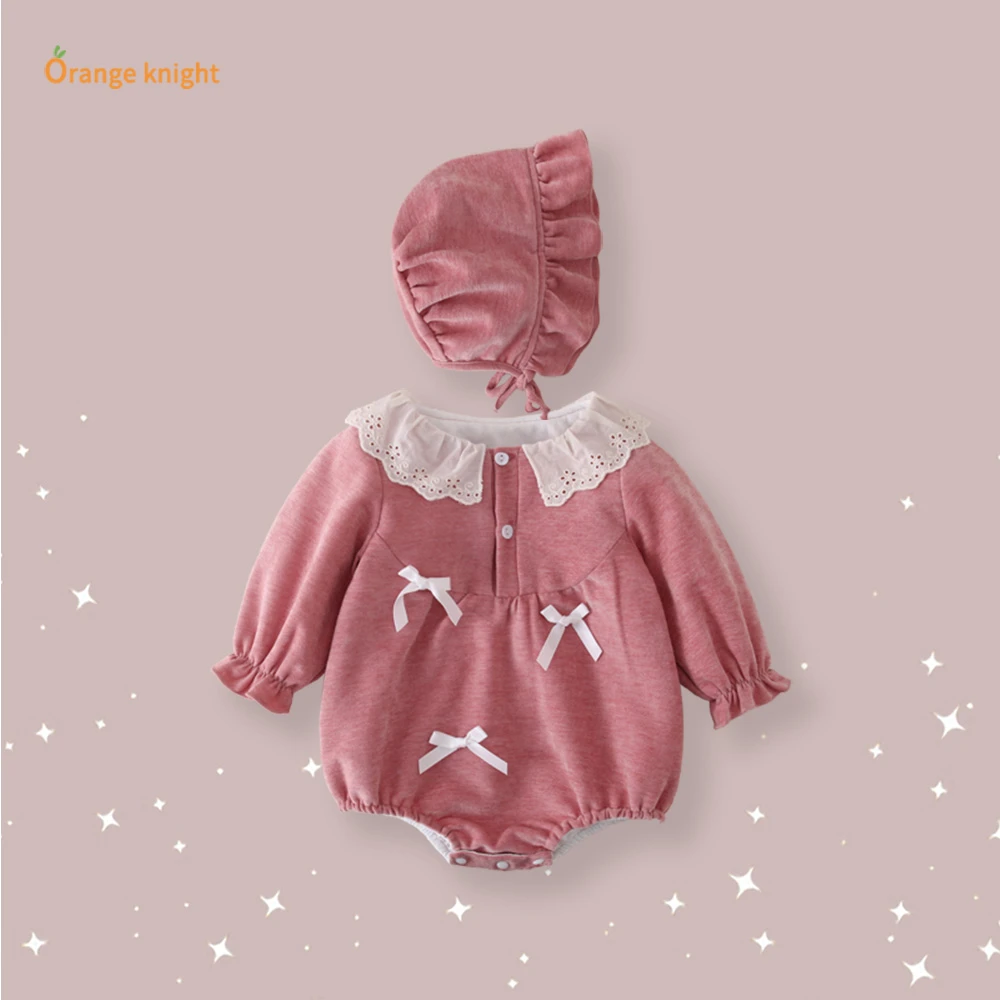 小月龄女宝连体衣新生儿满月百日宴蝴蝶结装饰婴幼儿秋装外出爬服