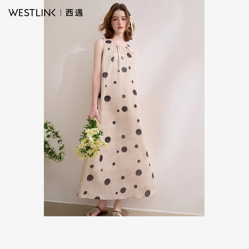 0495西遇波点无袖连衣裙女2025年春季新款度假a字法式收腰吊带裙