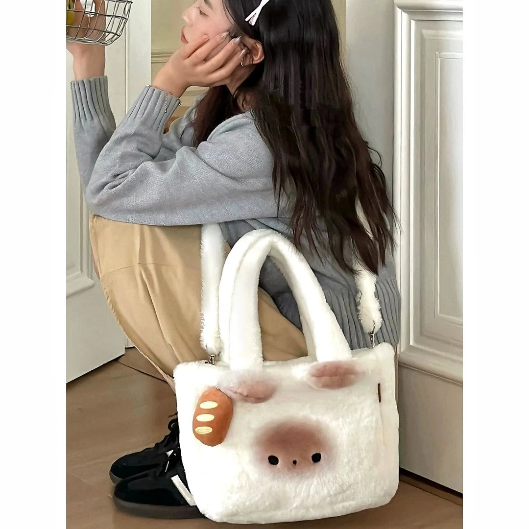 可爱馒头猫咪斜挎包毛绒手提包大容量单肩托特包（无挂件）