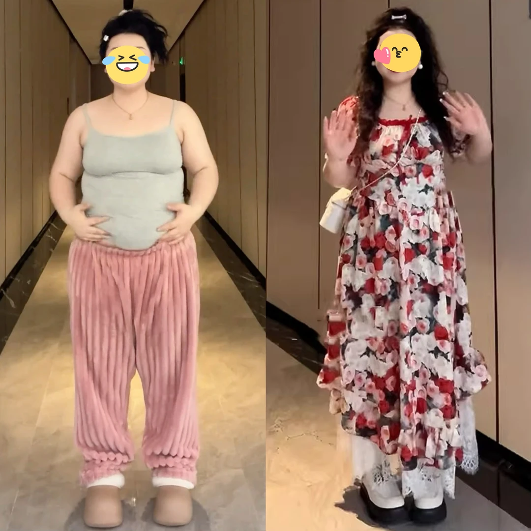 大码法式茶歇复古印花连衣裙女夏季胖mm收腰梨形身材显瘦气质裙子