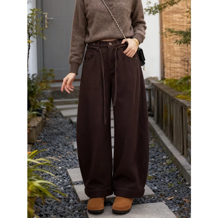 2025秋冬加厚加绒哈伦老爹裤显瘦百搭女士宽松高腰阔腿牛仔长裤子