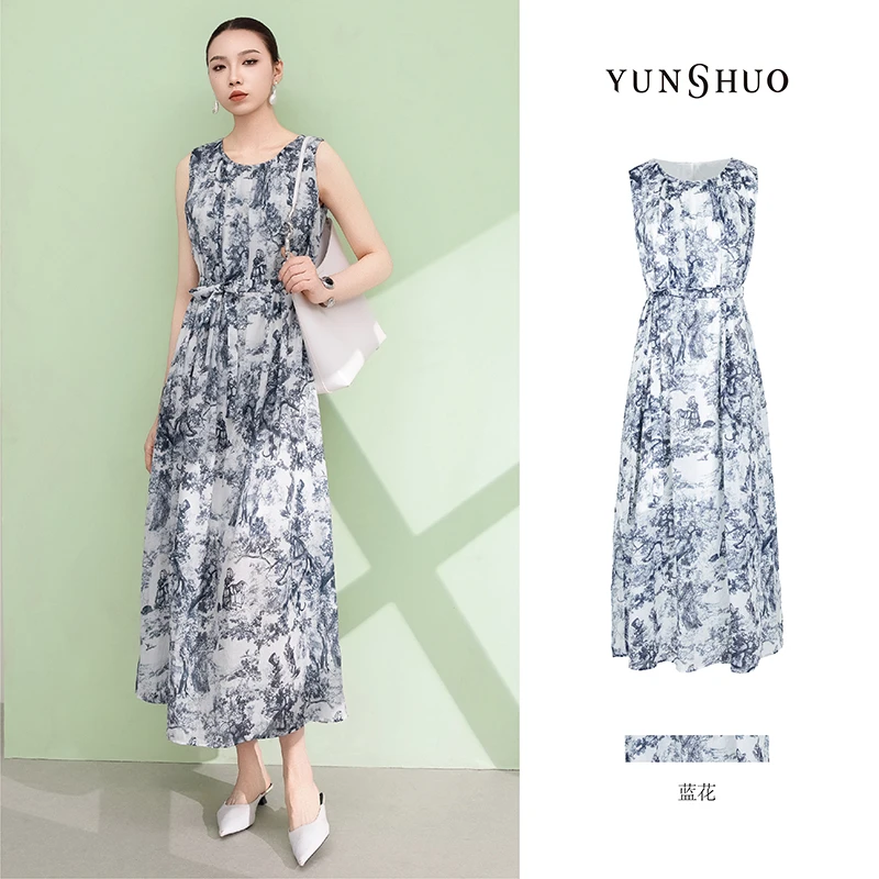 允硕夏季新款印花卡通无袖女装收腰圆领长款气质百搭连衣裙569440
