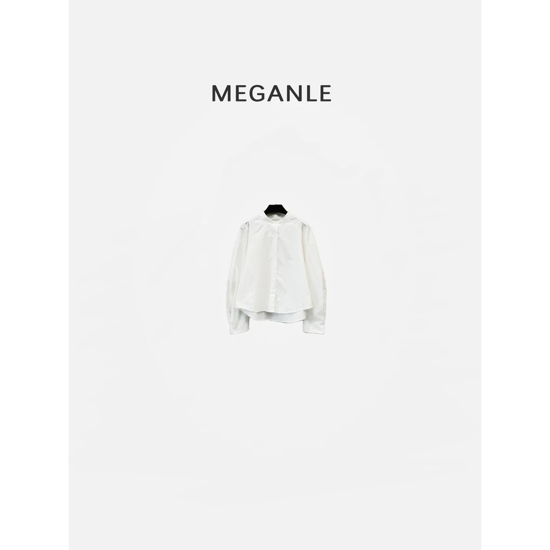 【智秀衬衫】MEGANLE 100纯棉慵懒百搭圆领灯笼袖长袖衬衫2025197