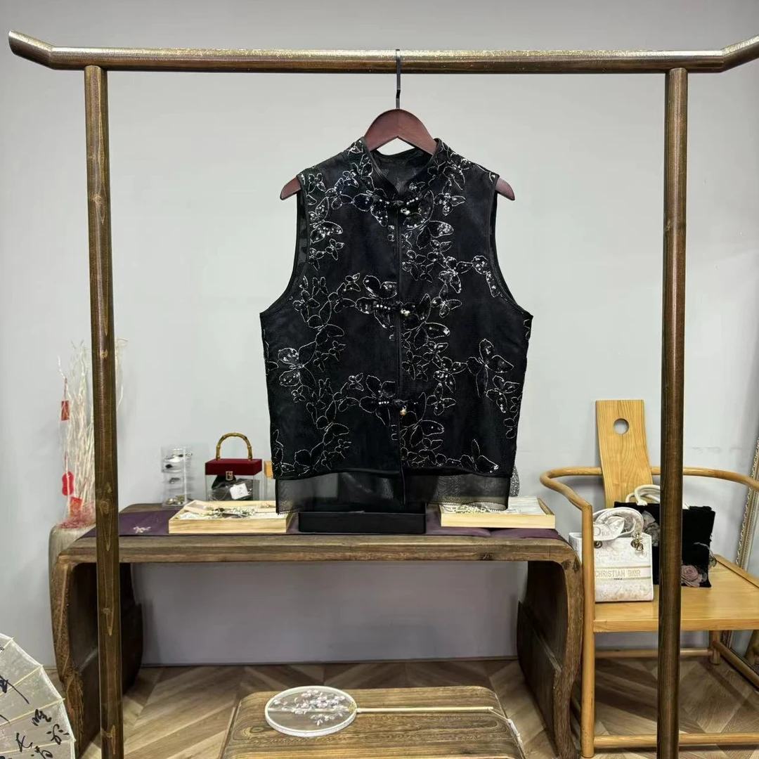 黑银！蝴蝶刺绣钉珠中式国风马甲！GZ3844