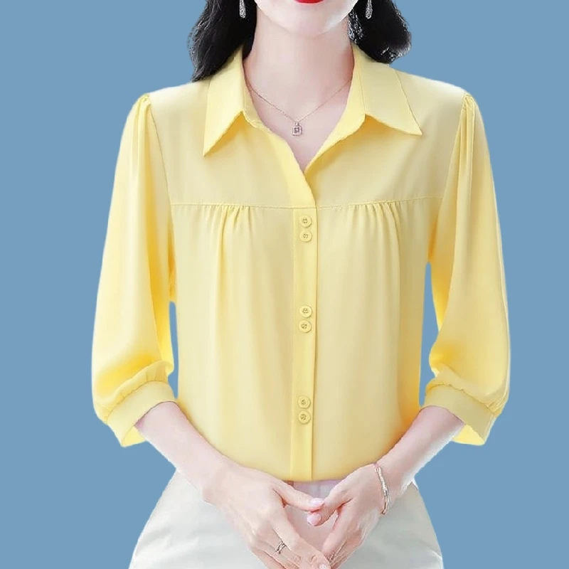 夏季薄款七分袖纯色设计感雪纺上衣洋气显瘦百搭气质时尚小衫女士