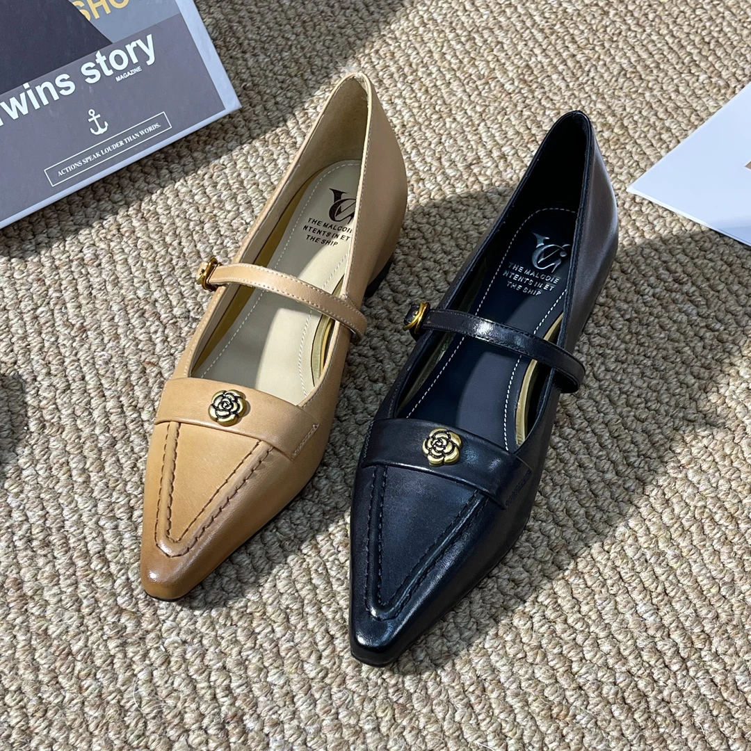 1135【繁花】法式复古山茶花浅口一字带手工真皮单鞋B【内增高5cm】