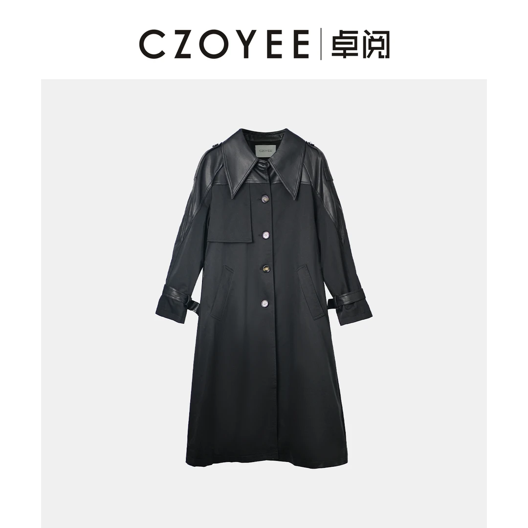中长款秋季女欧美风拼接长版风衣黑色百搭气质春季C3GC3527