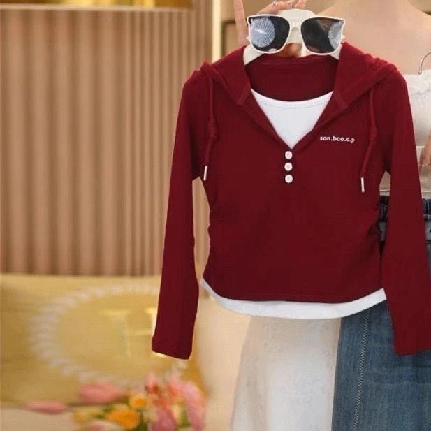 超好看哒～假两件连帽卫衣打底衫女童2025新款弹力长袖宽松型上衣