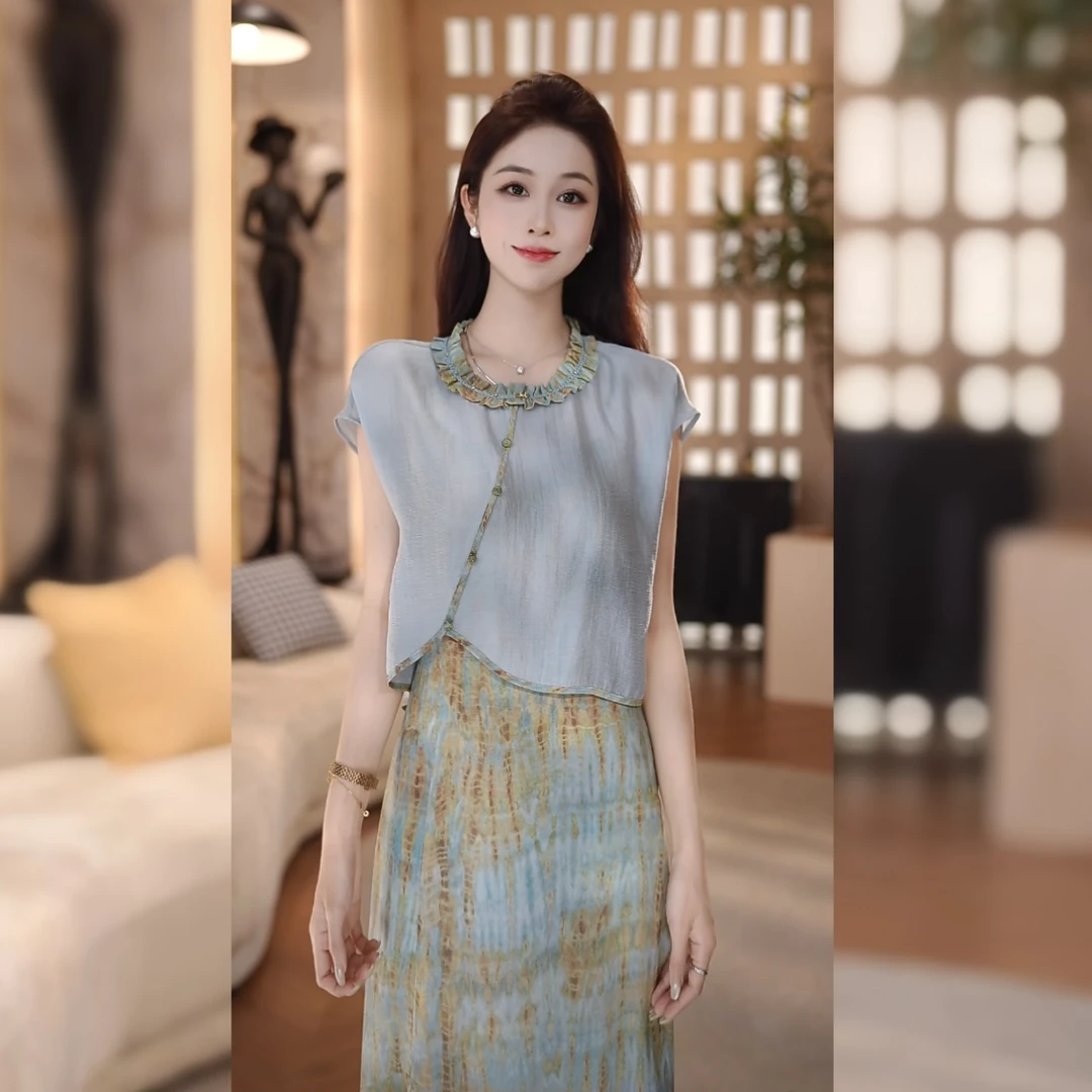 【林雪雪】牧野天蓝高级定制扎染气质绿色显白高腰显瘦连衣裙251891