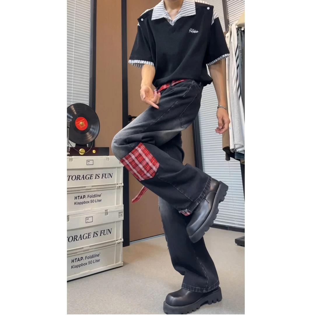 蝴蝶结绑带拼接阔腿牛仔裤男简约秋季格子小众设计宽松直筒裤子