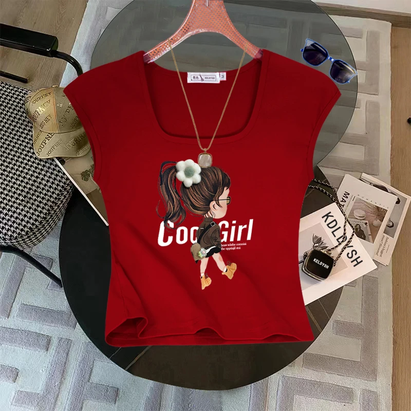 方领短袖t恤女2025夏季新款紧身显瘦正肩小飞袖短款体恤无袖上衣