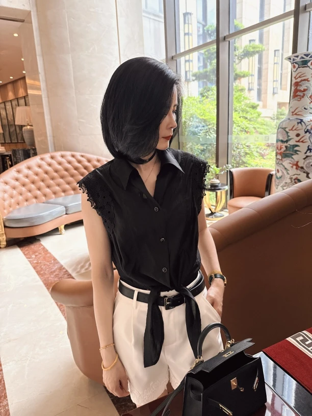 【娟子】夏季港风绑带袖拼蕾丝衬衫