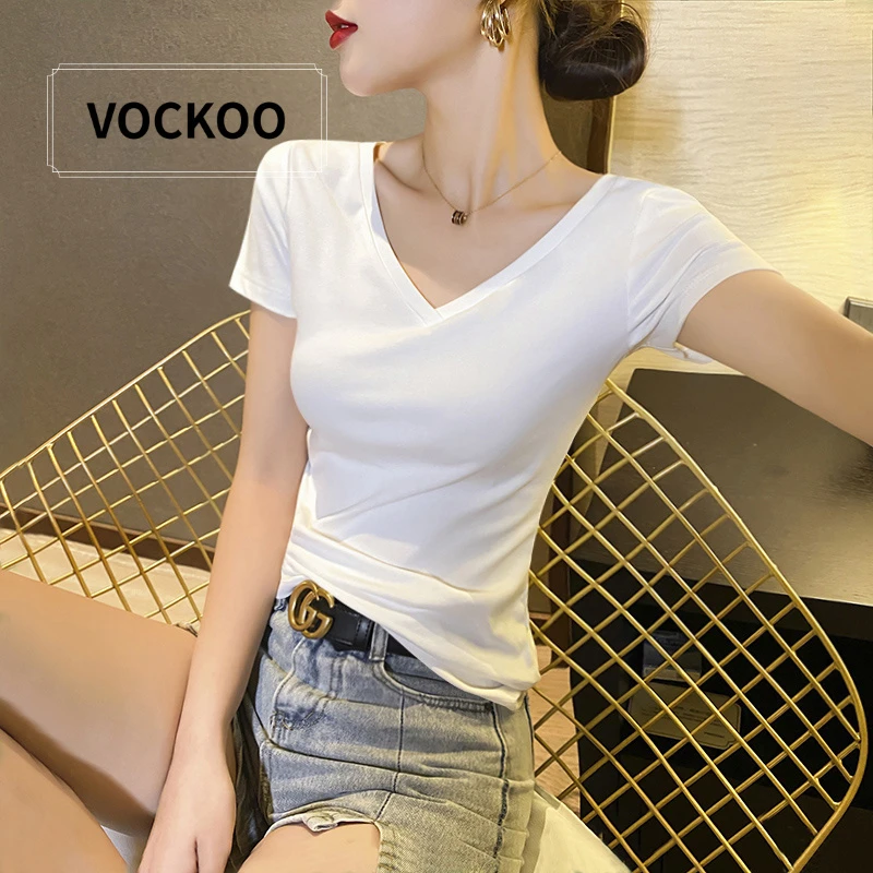 VOCKOO黑色v领t恤女短袖夏季修身显瘦莫代尔体恤气质百搭锁骨中袖
