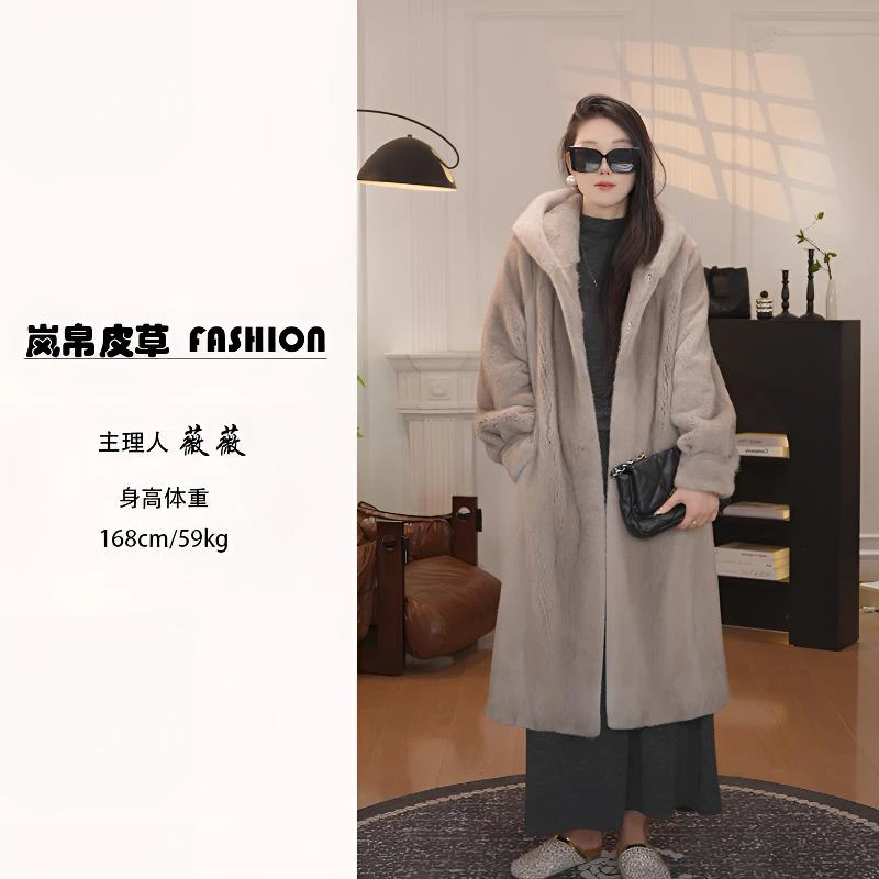 【岚帛】进口貂皮大衣女整貂过膝长款连帽水貂皮草外套年轻大码时尚