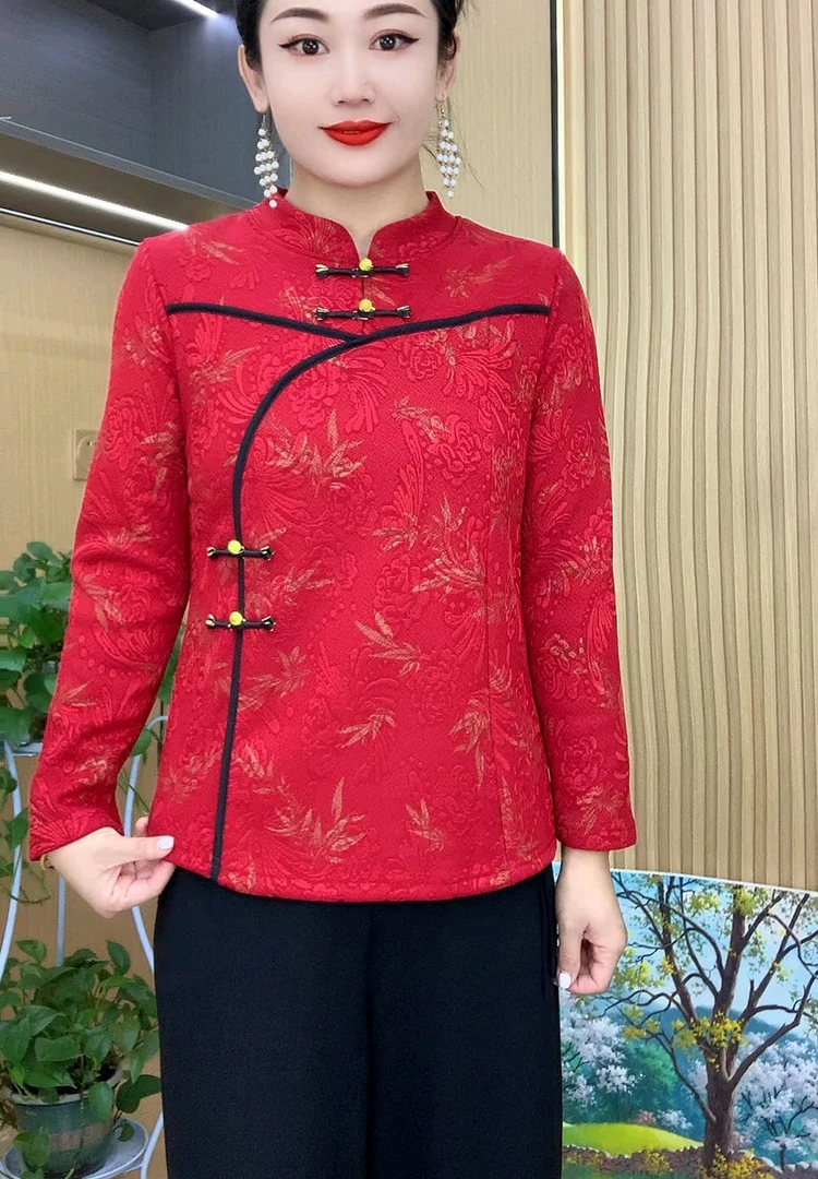 秋冬新款时尚纯色玫瑰花小衫修身加绒中老年上衣