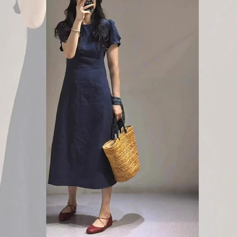 2025年夏季法式麻料收腰显瘦茶歇裙轻奢高级感休闲衣服女慵懒风