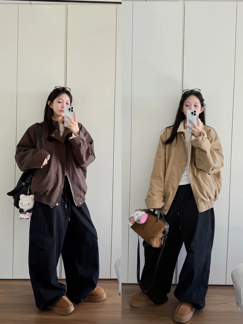 『小歪』复古立领飞行夹克冬季棉服工装肌理感复古棉服情侣外套