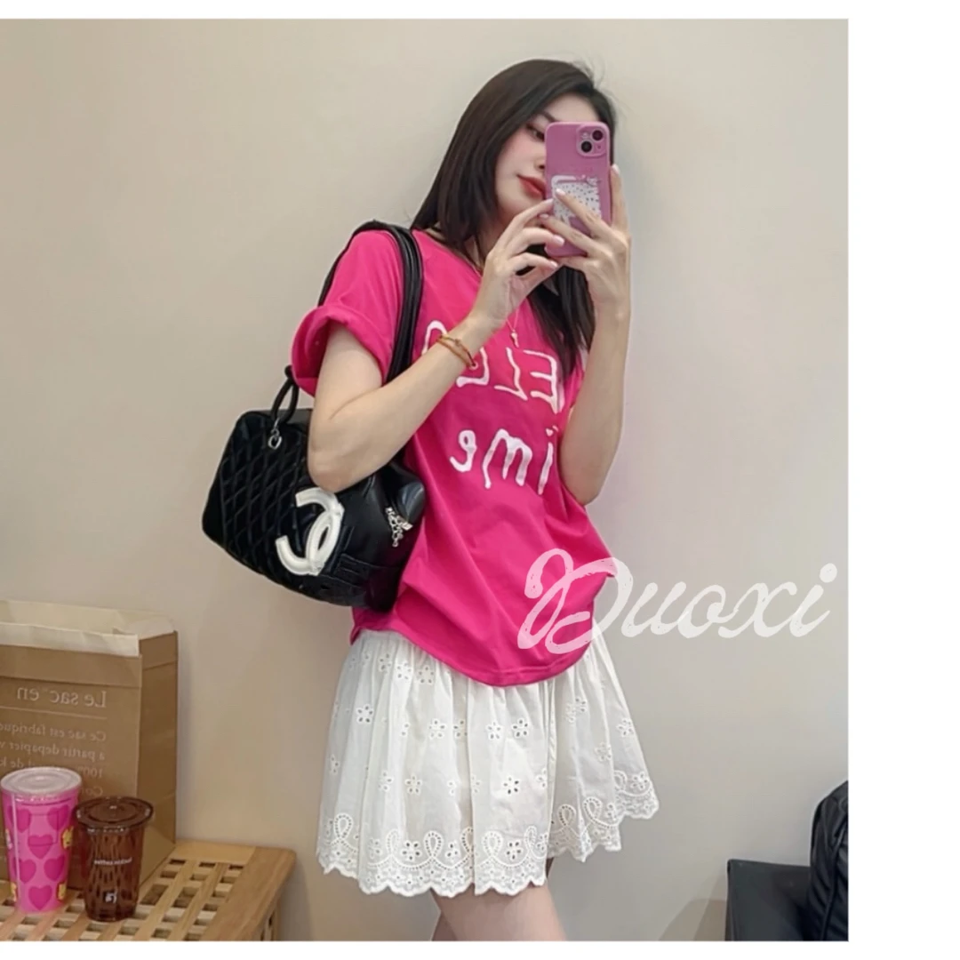 【Duoxi】"HELLO"G2627# 满分100%纯棉印花圆领百搭短袖显白T恤衫