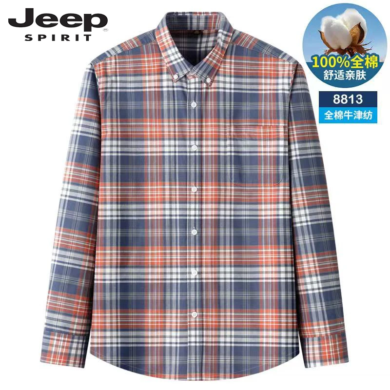 JEEPSPIRIT条纹男女同款纯棉长袖秋上新牛津纺亲肤衬衫商务宽松