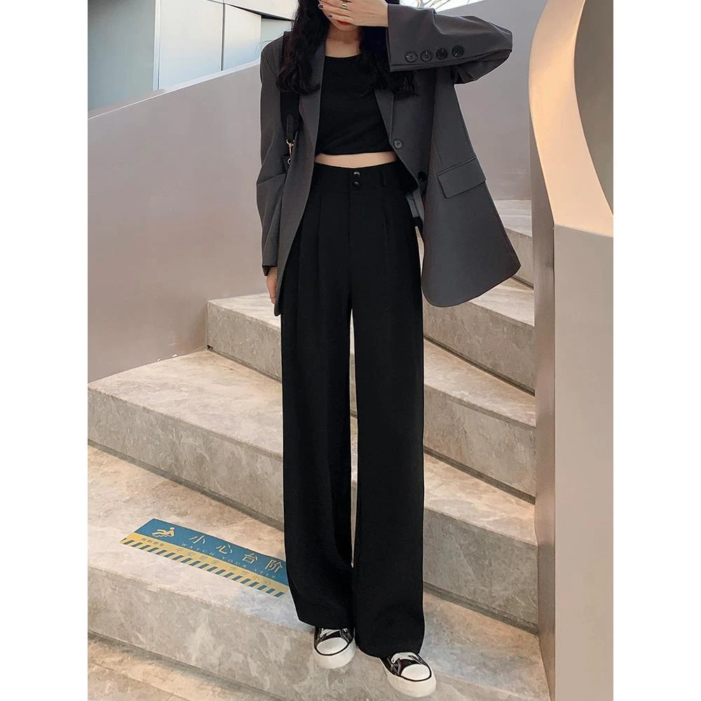阔腿裤女春秋高腰垂感拖地裤黑色宽松直筒休闲小个子西装裤设计感