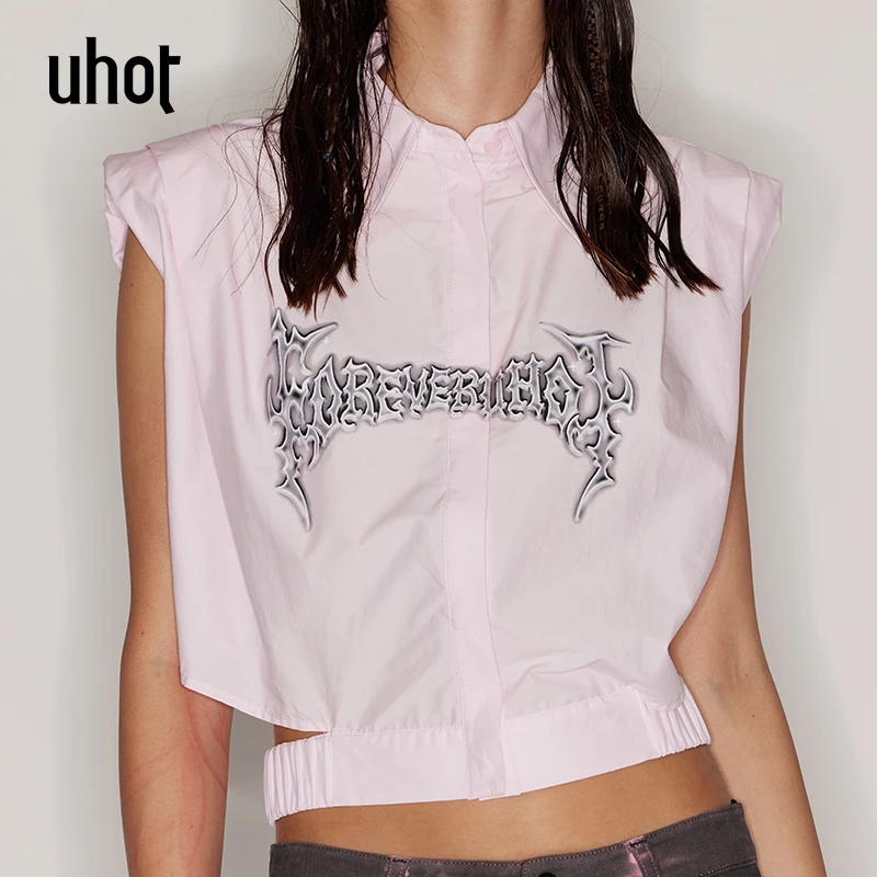 UHOT 粉色字母印花无袖衬衫女休闲辣妹时尚夏季透气户外UWFR3C390