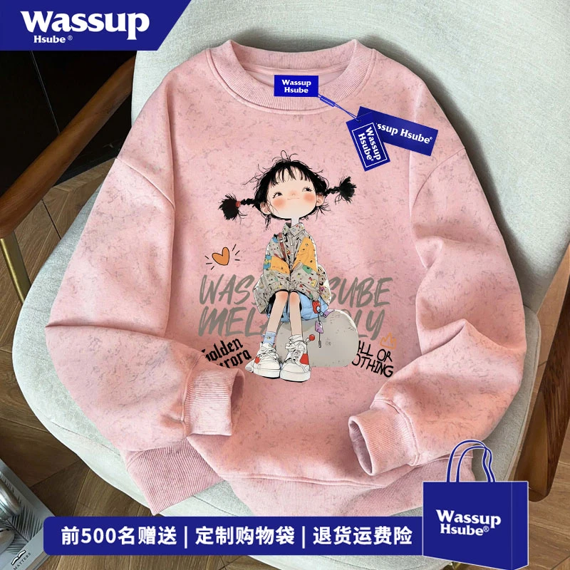 WASSUP HSUBE 复古卡通人物印花无帽上衣秋冬季男女百搭圆领卫衣