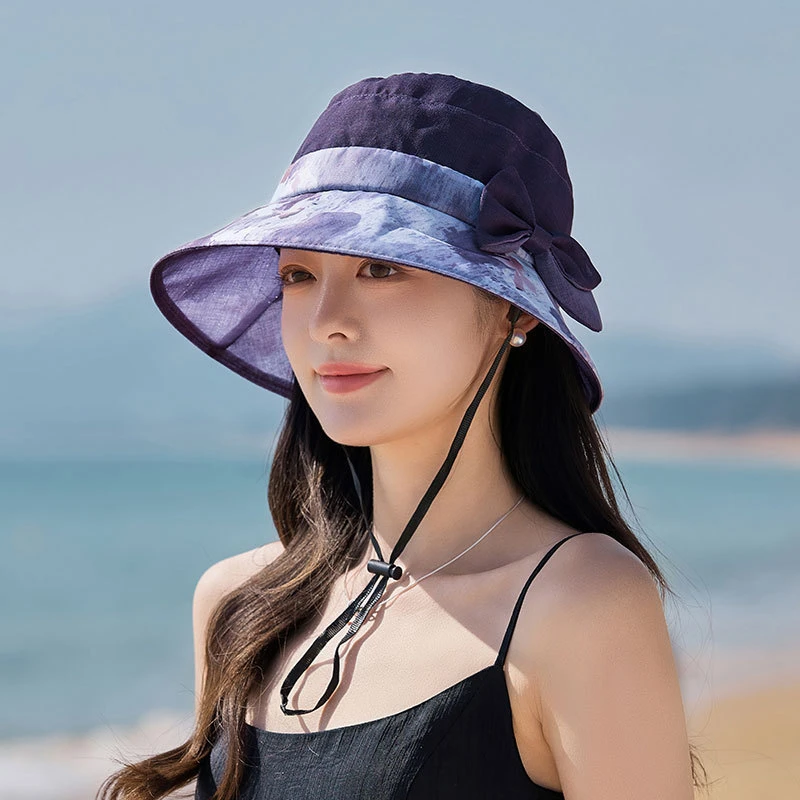 中老年人遮阳帽女薄款透气大沿老太太旅游防晒帽子时尚印花渔夫帽