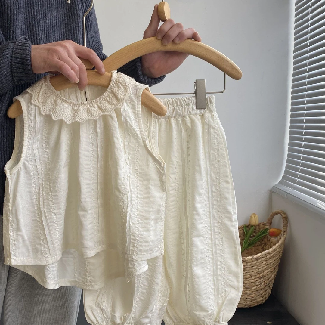 女童2025夏季新款森系蕾丝花边领无袖背心女宝宝宽松休闲裤裤套装
